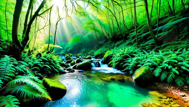 (Clear stream in the forest:1.5),(There are multiple beautiful waterfalls:1.5),A beam of light is emitted from the waterfall, Mysterious Forest Lagoon, Magical forest background, Magical Environment , A bit of sunshine, A beautiful and mysterious, Mysterio...
