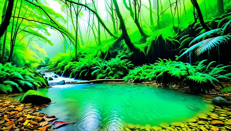 (Clear stream in the forest:1.5),(Multiple beautiful and mysterious waterfalls can be seen in the back:1.5),A beam of light is emitted from the waterfall, Mysterious Forest Lagoon, Magical forest background, Magical Environment , A bit of sunshine, A beaut...