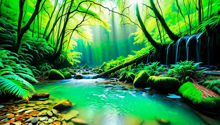 (Clear stream in the forest:1.5),(Multiple beautiful and mysterious waterfalls can be seen in the back:1.5),A beam of light is emitted from the waterfall, Mysterious Forest Lagoon, Magical forest background, Magical Environment , A bit of sunshine, A beaut...