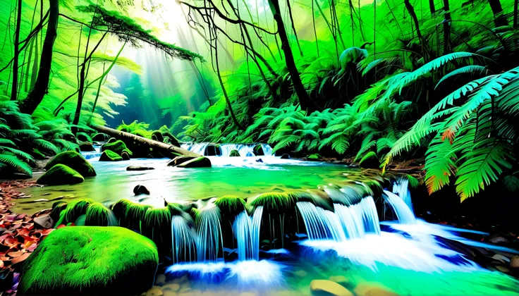 (Clear stream in the forest:1.5),(Multiple beautiful and mysterious waterfalls can be seen in the back:1.5),A beam of light is emitted from the waterfall, Mysterious Forest Lagoon, Magical forest background, Magical Environment , A bit of sunshine, A beaut...