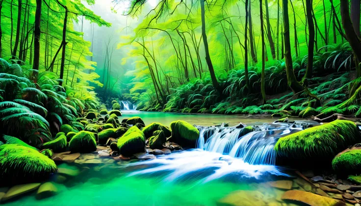 (Clear stream in the forest:1.5),(Multiple beautiful and mysterious waterfalls can be seen in the back:1.5),A beam of light is emitted from the waterfall, Mysterious Forest Lagoon, Magical forest background, Magical Environment , A bit of sunshine, A beaut...