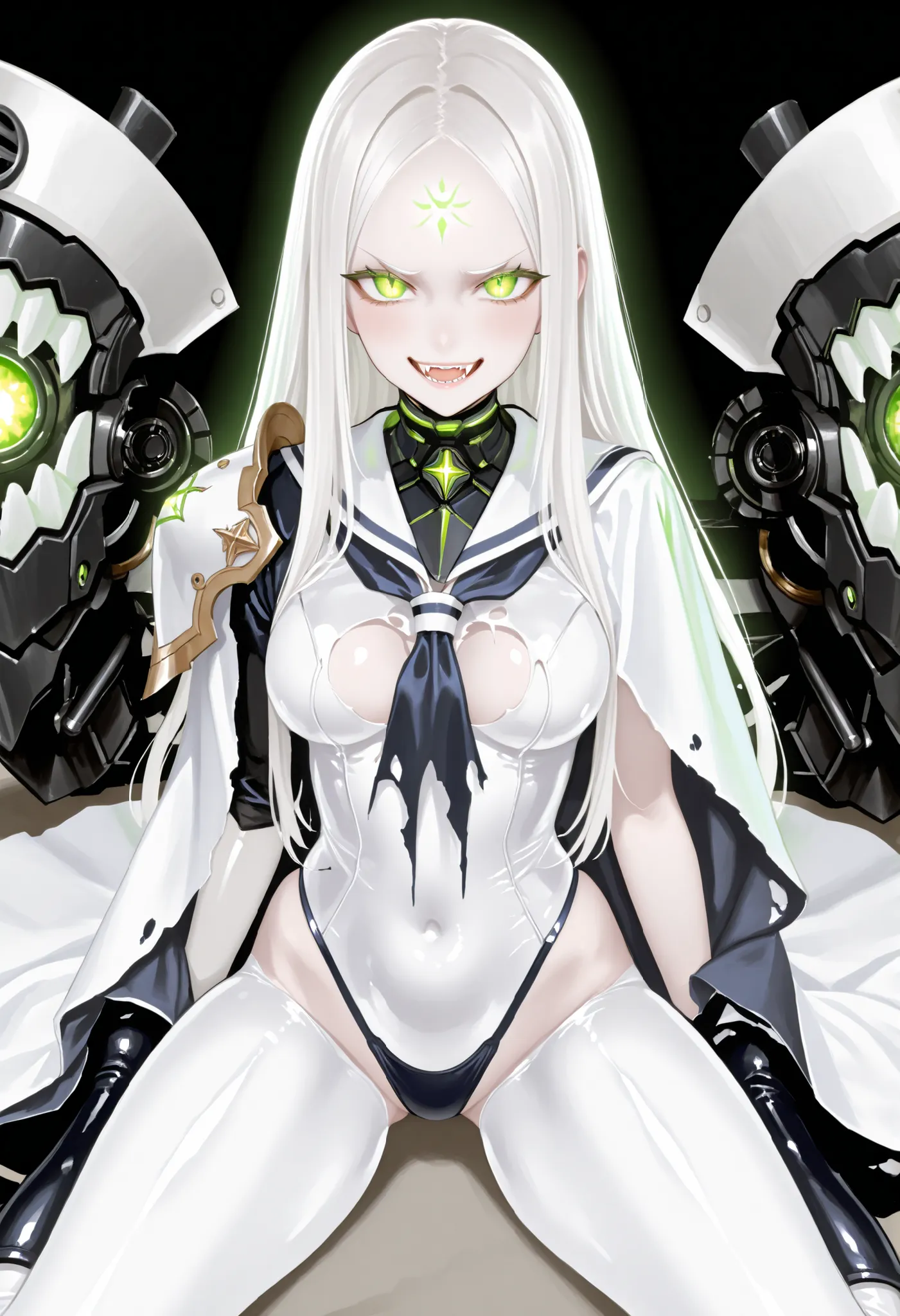 Girl in a white sailor uniform. White hair. Bangs parted to the left and right. Show forehead. Long hair. Glowing green eyes. Fearless smile. White skin. Thong swimsuit. Asymmetric shoulder armor. Oversized latex boots. Torn costume. White cloak. Equipped ...