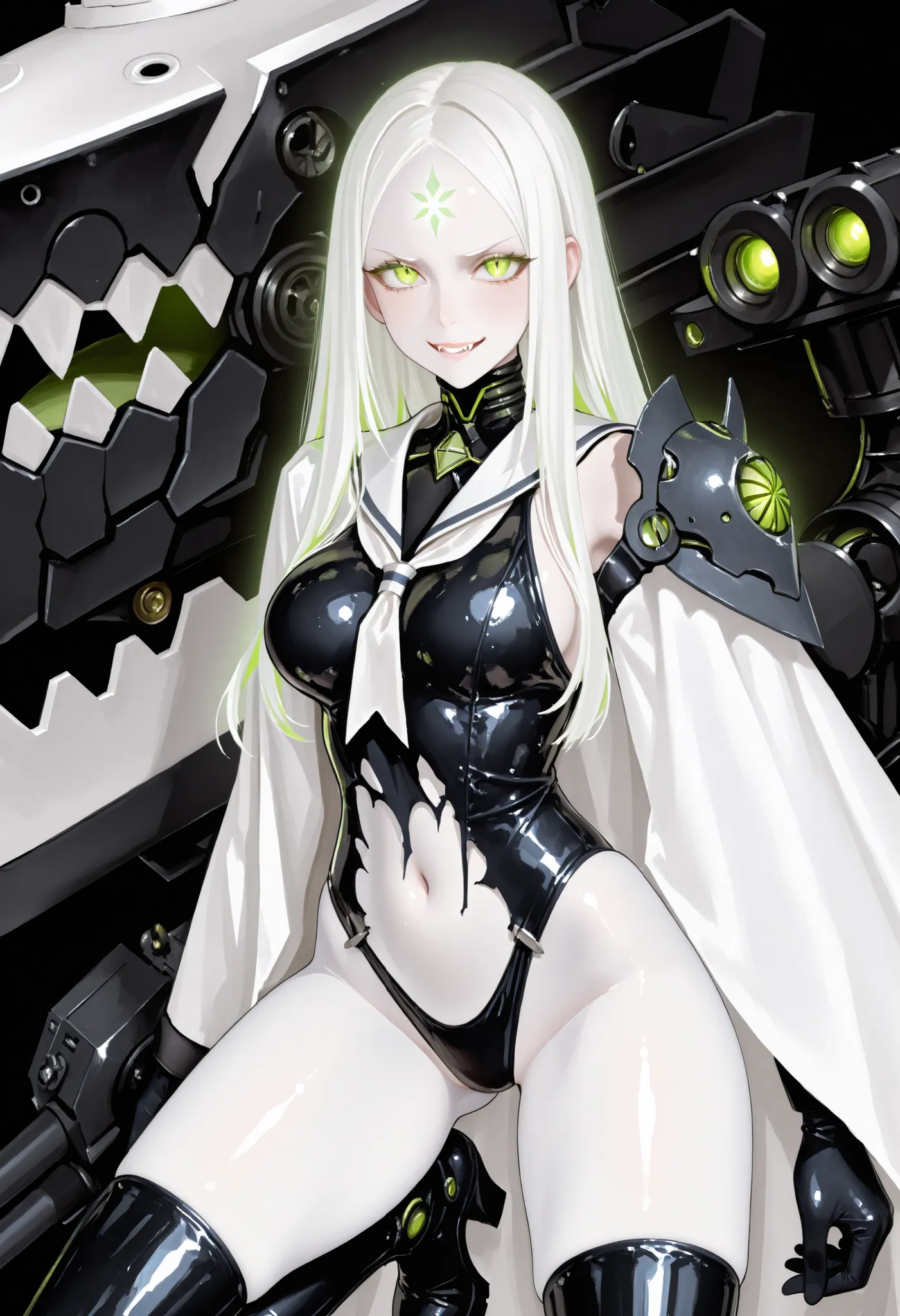 Girl in a white sailor uniform. White hair. Bangs parted to the left and right. Show forehead. Long hair. Glowing green eyes. Fearless smile. White skin. Thong swimsuit. Asymmetric shoulder armor. Oversized latex boots. Torn costume. White cloak. Equipped ...