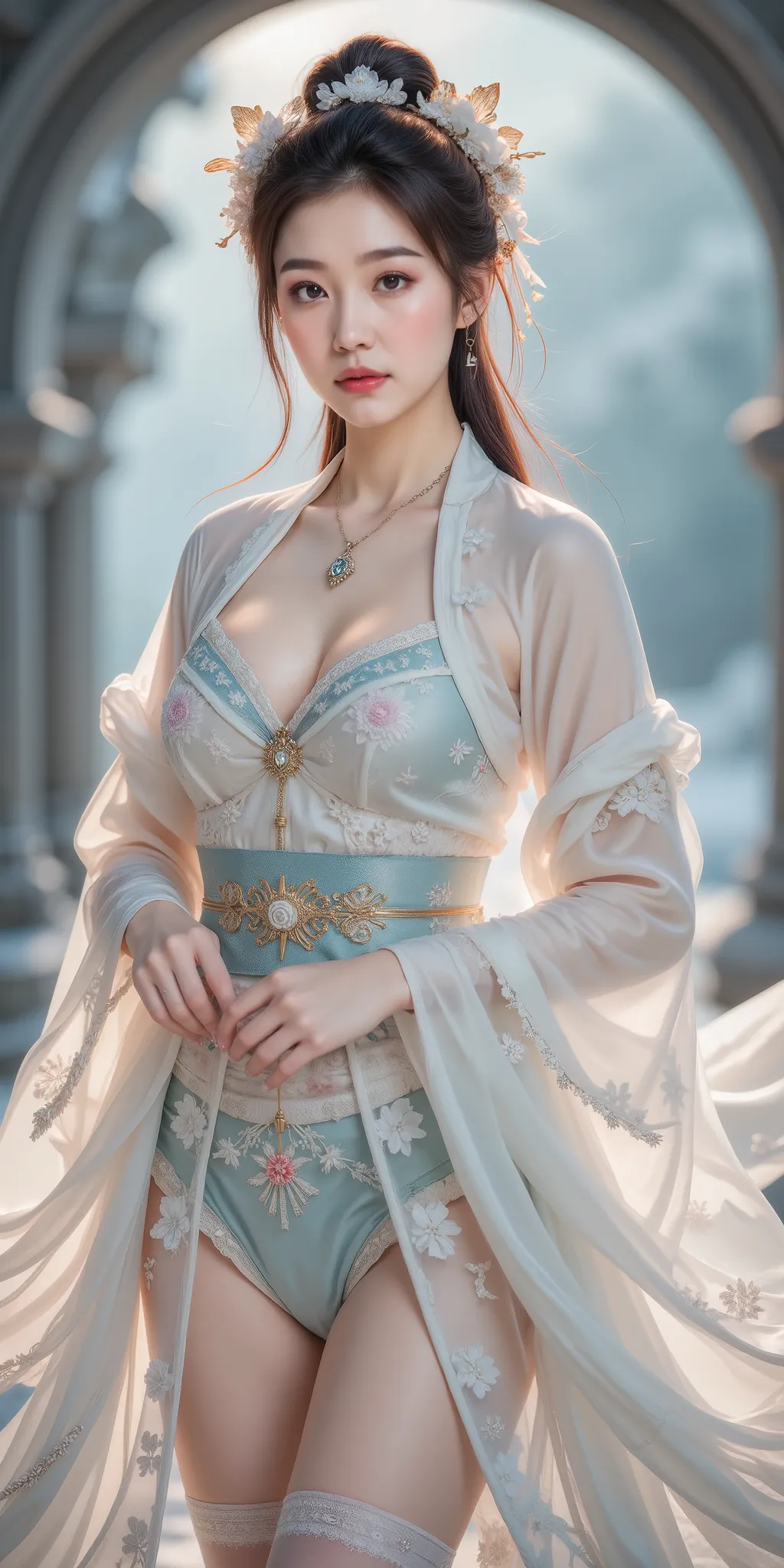((((Standing snapping refracts :1.hinano cosplay costume, photorealism (1:3) high detail cosplay, Thigh socks, Viewing angle , part of the fox's tail , Multiple tails, Deep in the fantasy world, Her eyebrows become a painting , Foggy room ,The her...