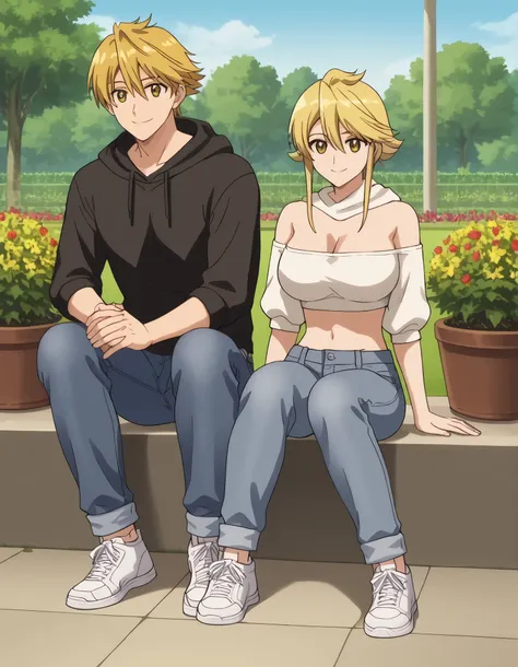 Couple male and female, anime, leone, short hair, anime screencap,big breasts, cleavage, smile, yellow eyes, wearing white crop top, jeans white sneakers, couple with arthur, arthur_pendragon_fate, blonde hair, wearing black hoodie, loose pants brown, whit...