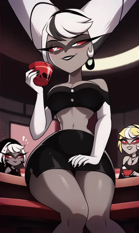 ((masterpiece, detailed image, soft skin, style_2d_chibi)), , carmilla carmine(hazbin_hotel), ((focus on face)), (from below), looking down, Double Ended Buns, crop top, black shirt, short skirt, sleeveless, shoulder off, cleavage, smile, holding cup 🍵, in...