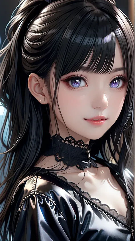 32k HDR,(masterpiece) ,best quality,(ultra-detailed:1.4), (illustration:1.2), (beautiful detailed eyes:1.3),(high resolution eyes), (high resolution), (super detailed skin:1.1),(beautiful detailed hair:1.1),(beautiful detailed face:1.3),perfect anatomy,(masterpiece, best quality), ultra detailed, photorealistic, masterpiece, best quality, high resolution,Soft light:1.4,Face light up:1.2,japanese girll, 1 woman,Kazano Hiori, THE IDOLMASTER SHINY COLORS / 風野 灯織, アイドルマスターシャイニーカラーズ,kznhor, long hair, black hair, ponytail, sidelocks, bangs, purple eyes, black eyes,mole under mouth, small breasts, movie lighting,(looking at viewer:1.4), smile , parted lips,Devil woman costume:1.5,black long dress:1.1