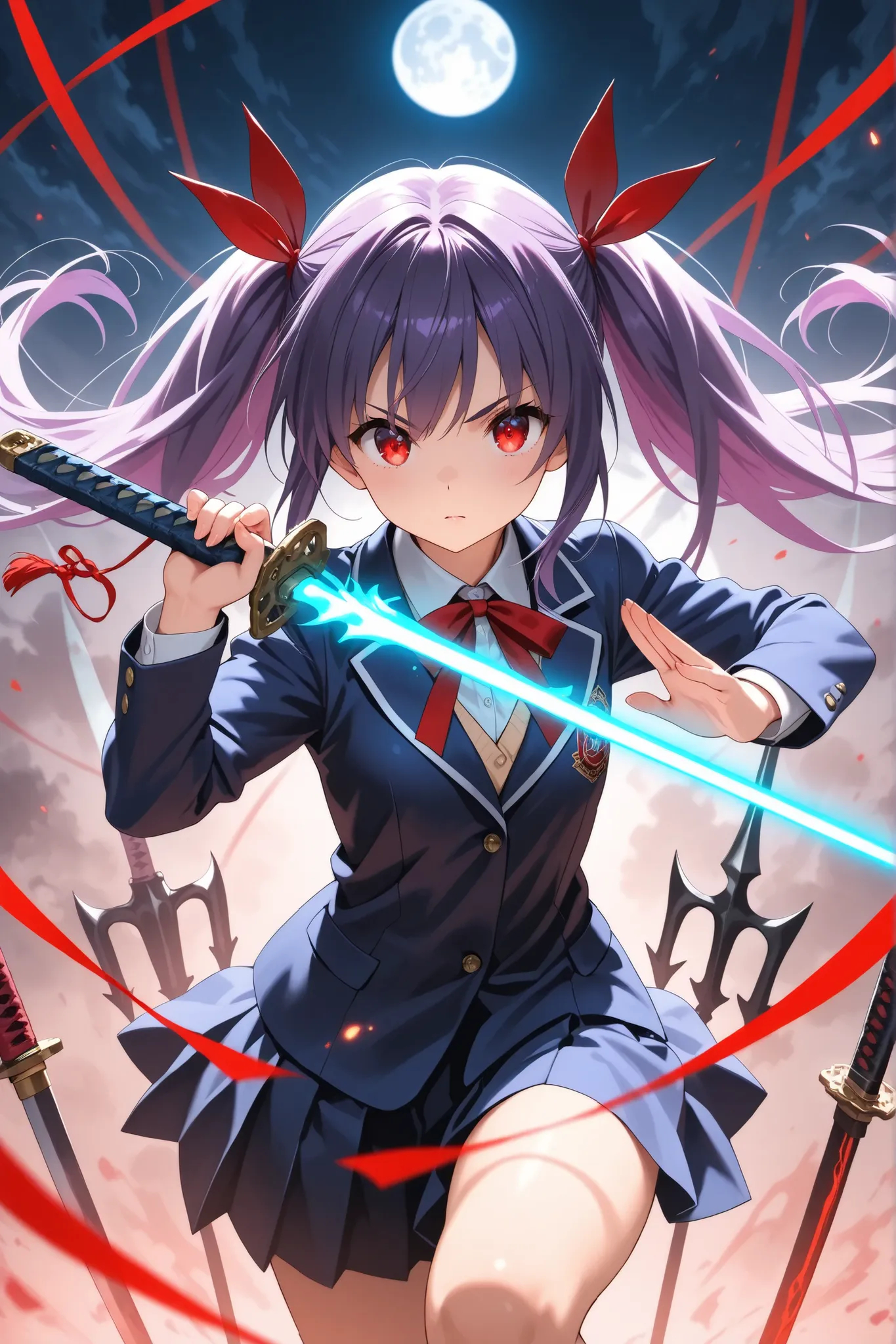 ultra-detailed,8K,illustration,CG,1 cute girl, purple hair,red eyes , twin tails,red ribbon,
,school uniform, jacket/blazer,trident,glowing weapon,fighting stance,Japanese sword,full moon