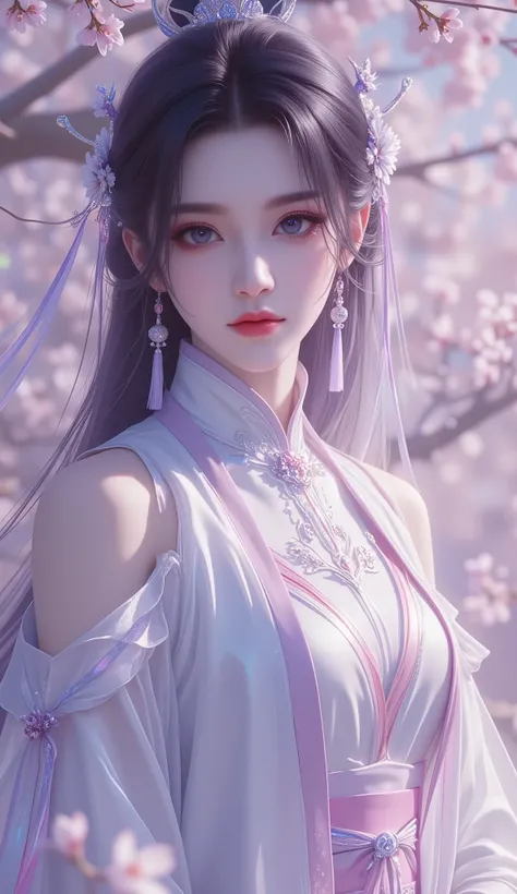 Chinese Fairy Tales character, extremely details, high detailed face, (mature woman, milf), extremely busty, cool beauty, living expressions, (cold gaze, cold eyes, blue eyes), expressionless, black hair, dark purple highlight, Straight hair, dark hair, sh...