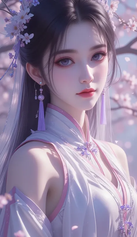 Chinese Fairy Tales character, extremely details, high detailed face, (mature woman, milf), extremely busty, cool beauty, living expressions, (cold gaze, cold eyes, blue eyes), expressionless, black hair, dark purple highlight, Straight hair, dark hair, sh...