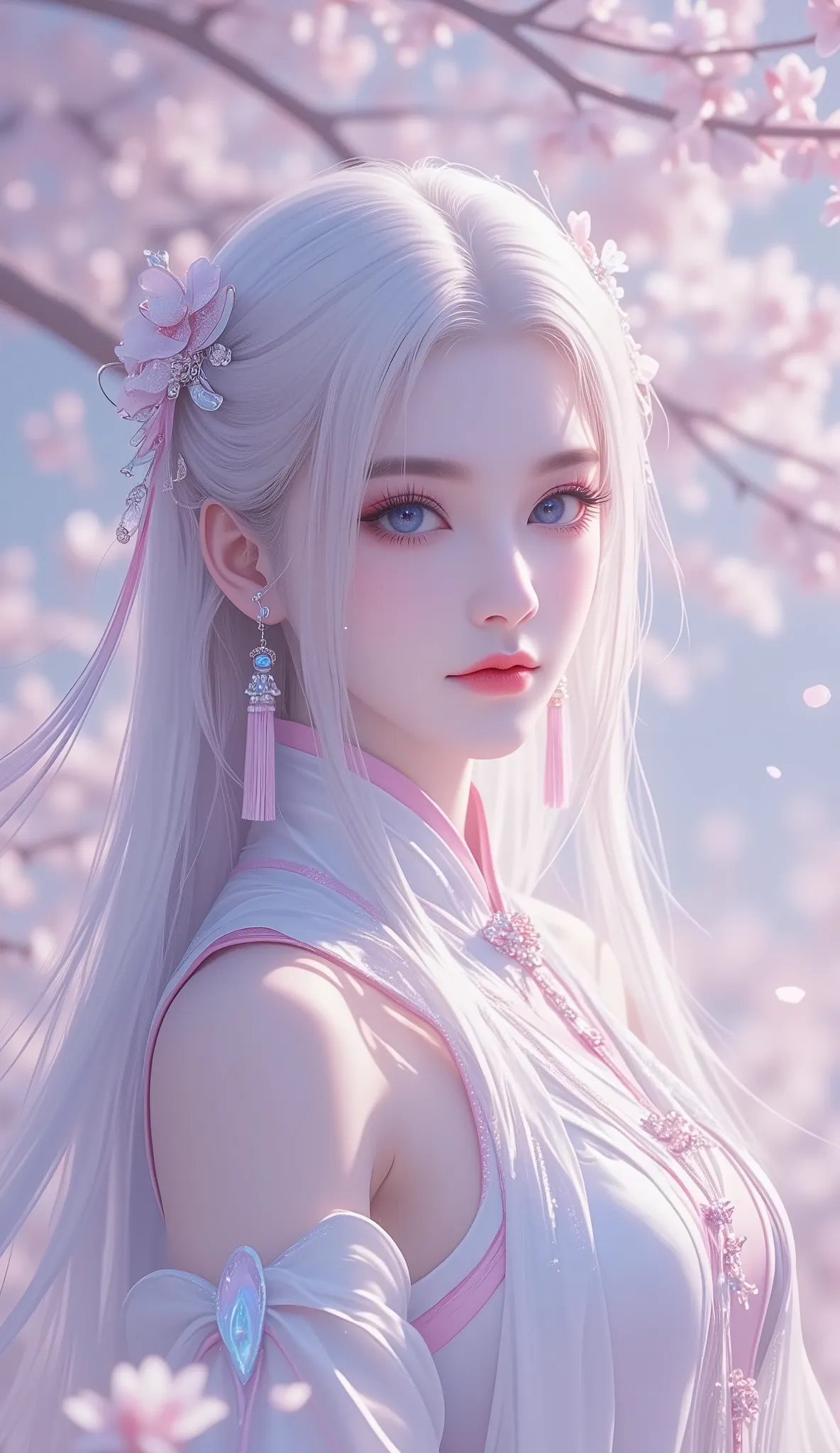 Chinese Fairy Tales character, extremely details, high detailed face, (mature woman, milf), extremely busty, cool beauty, living expressions, (cold gaze, cold eyes, blue eyes), expressionless, platinum hair, highlight, Straight hair, light hair, shiny silk...