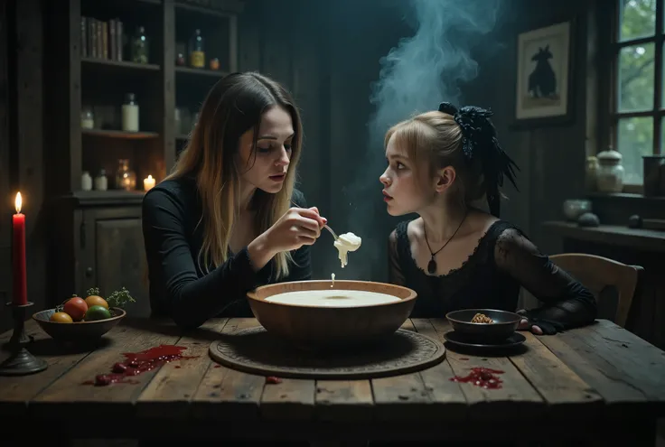 A woman and a young girl, girl has blonde hair, woman has black hair, sitting at a wooden table in a dimly lit cabin. The woman feeds the girl a spoonful of warm white yogurt from a decorative wooden bowl. On the table is a black crow, some blood, and a s...