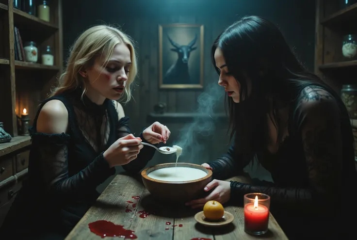 A woman and a young girl, girl has blonde hair, woman has black hair, sitting at a wooden table in a dimly lit cabin. The woman feeds the girl a spoonful of warm white yogurt from a decorative wooden bowl. On the table is a black crow, some blood, and a s...