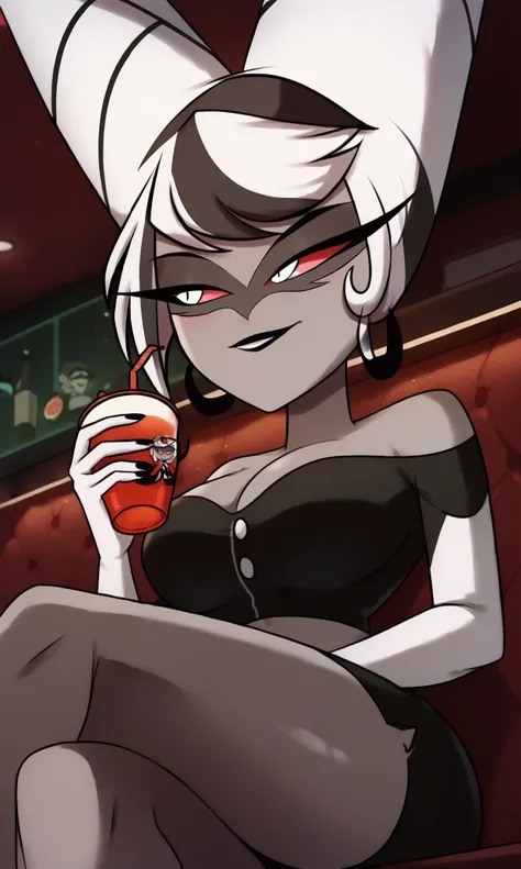 ((masterpiece, detailed image, soft skin, style_2d_chibi)), , carmilla carmine(hazbin_hotel), ((focus on face)), (from below), looking down, Double Ended Buns, crop top, black shirt, short skirt, sleeveless, shoulder off, cleavage, smile, holding cup 🍵, in...