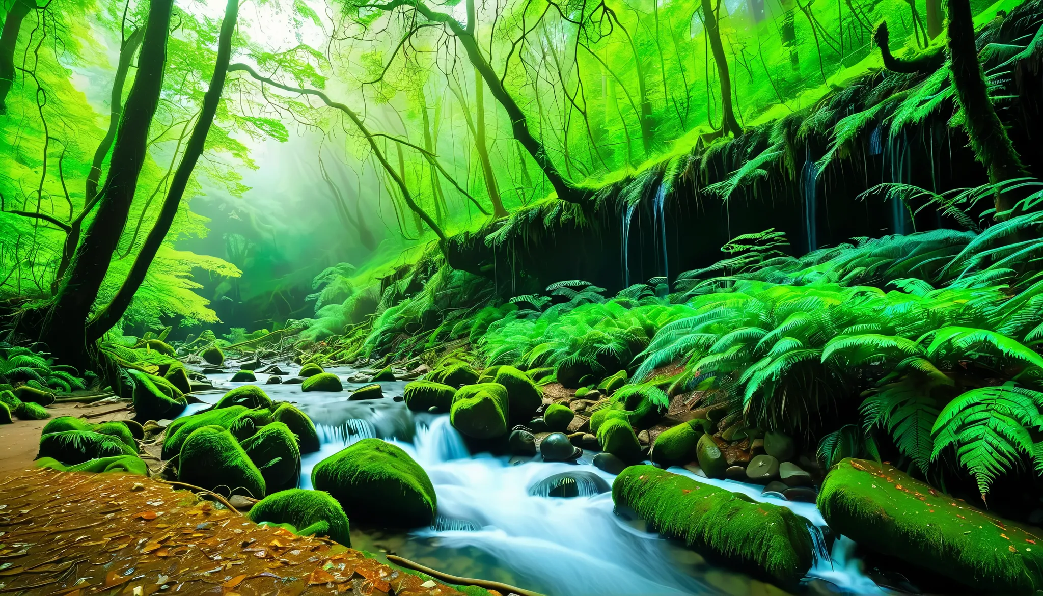 (Clear stream in the forest:1.5),(Multiple beautiful and mysterious waterfalls can be seen in the back:1.uper Realism:1.5),A beam of light is emitted from the waterfall, Mysterious Forest Lagoon, Magical forest background, Magical Environment , A bit of su...
