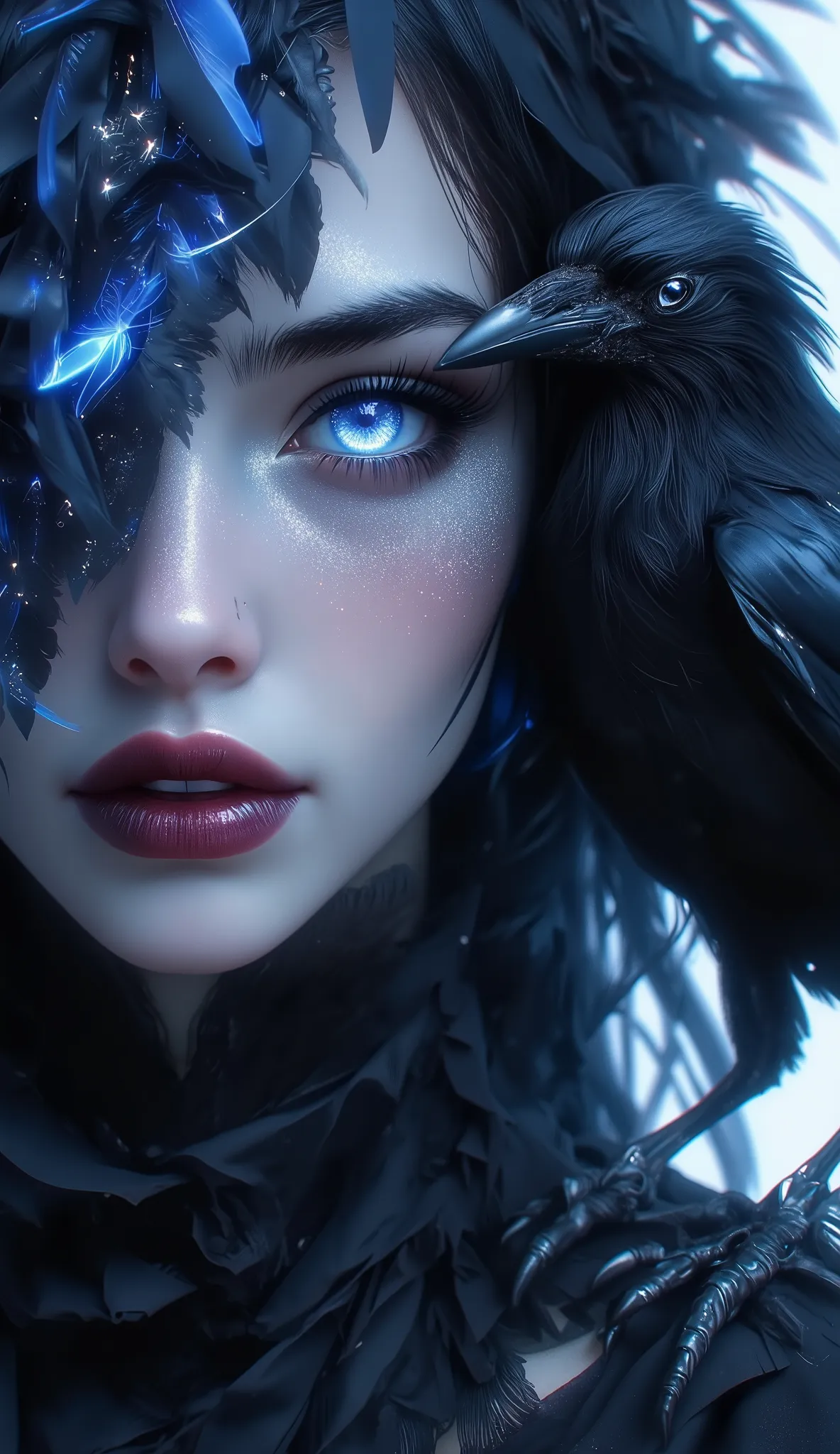 a woman with a mystical and otherworldly aura, her face partially obscured by a veil of blue feathers. Her piercing blue eye, adorned with a glimmering white contact lens, stares intensely at the viewer. The woman's skin is illuminated by a soft, ethereal ...