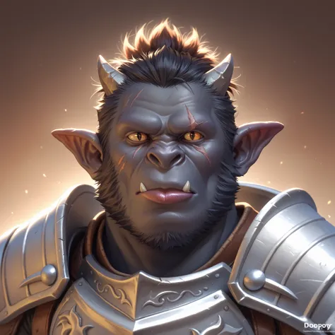 masterpiece, best quality, high resolution, gorilla, (muscular male), bara, (masculine), 1boy, solo, black fur, dark brown demon eyes, ((black skin)), wrinkly skin, black fur, gorilla nose, large nose, portrait, face focus, from side, looking at viewer, ((...