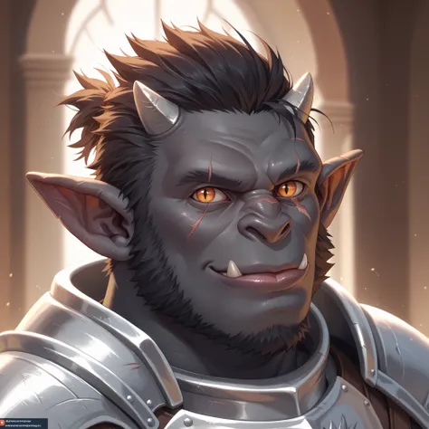 masterpiece, best quality, high resolution, gorilla, (muscular male), bara, (masculine), 1boy, solo, black fur, dark brown demon eyes, ((black skin)), wrinkly skin, black fur, gorilla nose, large nose, portrait, face focus, from side, looking at viewer, ((...