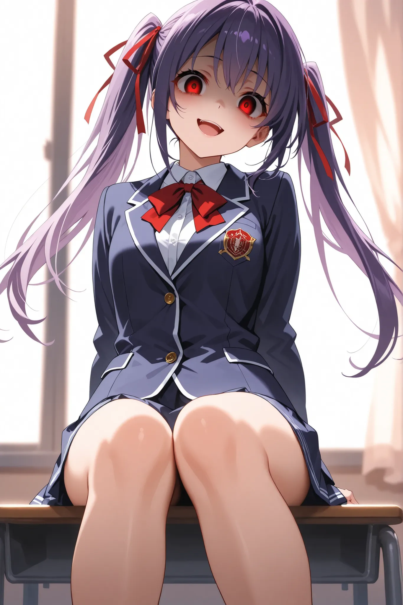 ultra-detailed,8K,illustration,CG,1 cute girl, purple hair,red eyes , twin tails,red ribbon,
,school uniform, jacket/blazer,Yandere face,sitting sideways