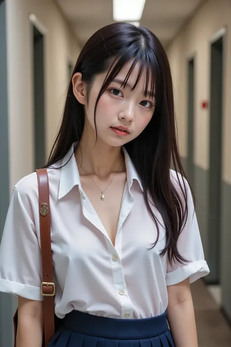 smooth white skin and ample chest highlighted、A photorealistic digital portrait of a slim young woman in a wet white cotton shirt, two small pearlescent buttons open at the top、deep V revealing damp skin、short sleeves rolled up to elbows, fitted shirt、slig...