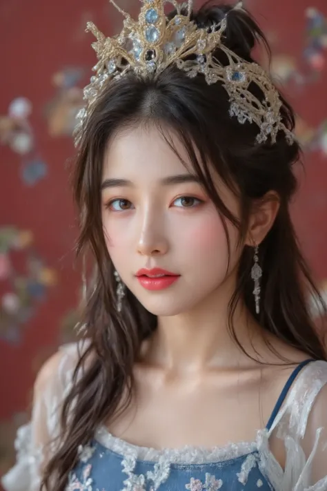 A majestic portrait of a woman in traditional Chinese royal attire, adorned with an intricate golden headdress featuring ornate details, tassels, and jewels that cascade elegantly down her hair. Her expression is poised and regal, with captivating golden-b...
