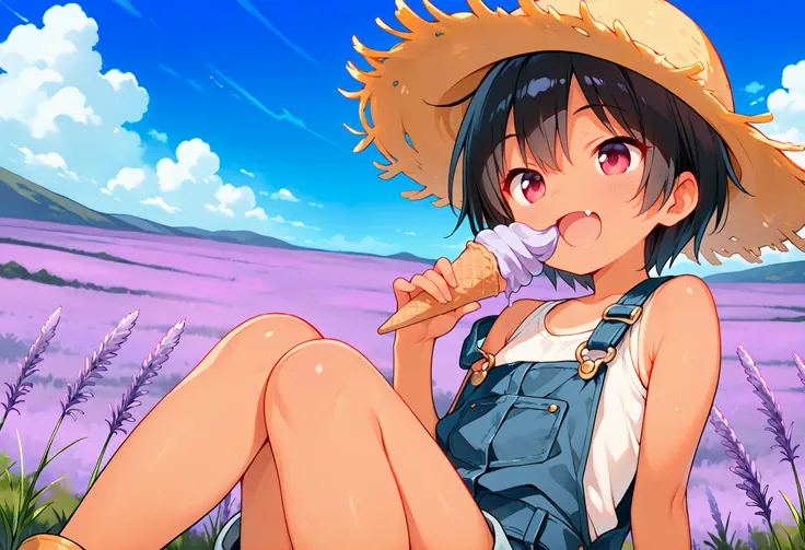 masterpiece, Best Quality, Very detailed, anime style , 1girl, (petite, short, mini), boyish, short hair, black hair, cute face, cute fang, ,tanned skin,, (eating lavender soft serve ice cream), looking happy,,wearing oversized overalls only,no inner , str...