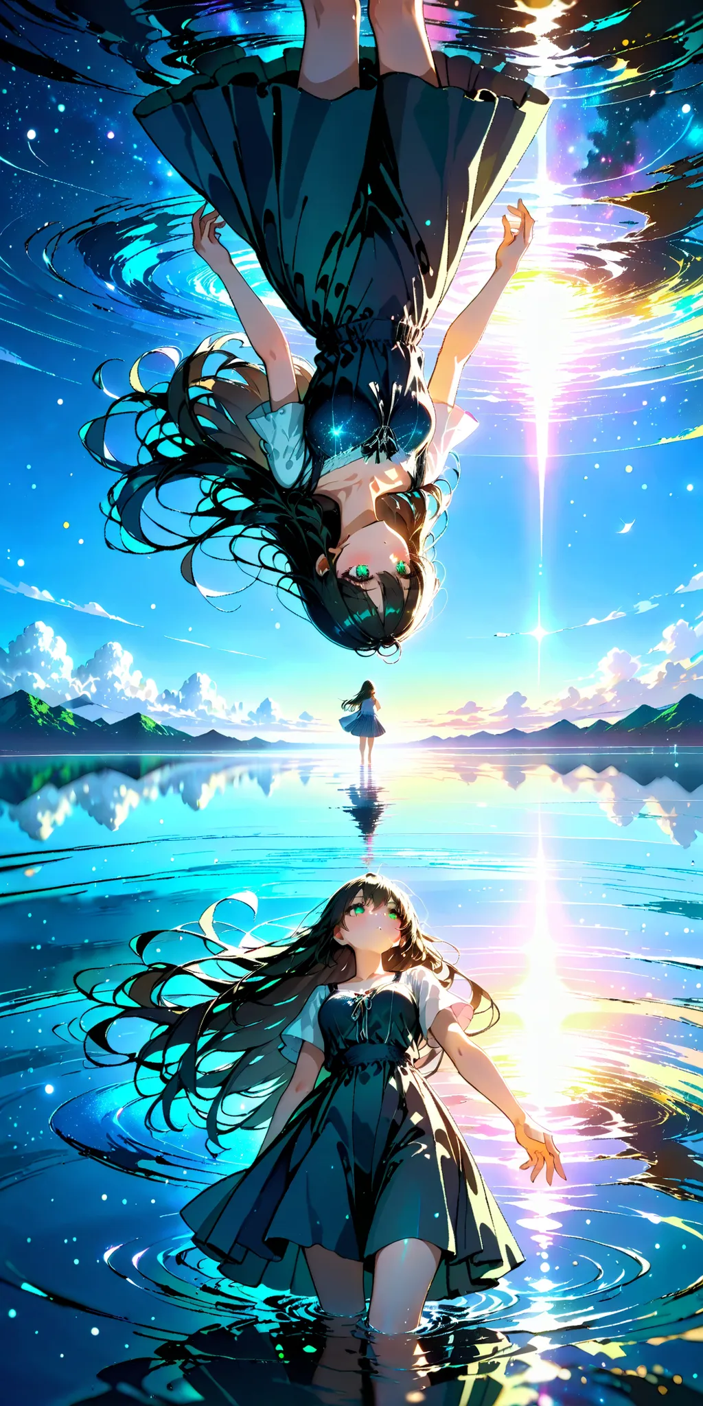 Fantasy Art, (complete Anatomy:1.2), (Accurate reflections:1.2), think outside the box, (master piece, absurd, high resolution, 8k, ultra detailed), In the water, Floating upside down, the reflection water surface standing, reflected on the calm water, bla...