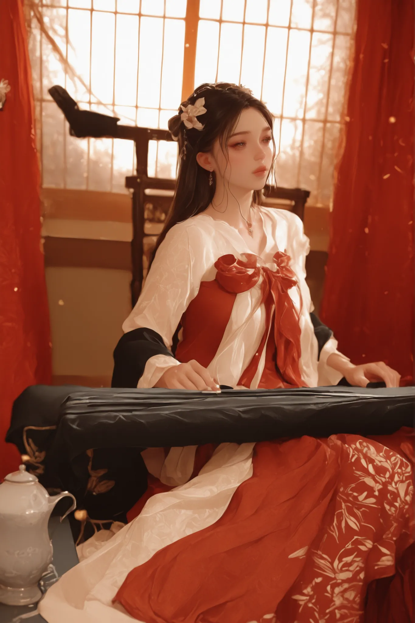 Change to a full-body photo of a woman，G cup， are perfectly detailed，has exquisite facial features， Clothes are exquisite ， Game Character Design ，3D Rendering