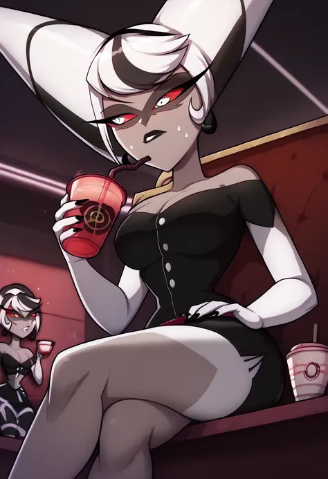 ((masterpiece, detailed image, soft skin, )), , carmilla carmine(hazbin_hotel), ((focus on face)), (from below), looking down, Double Ended Buns, crop top, black shirt, short skirt, sleeveless, shoulder off, cleavage, , holding cup 🍵, inside, nightclub, si...