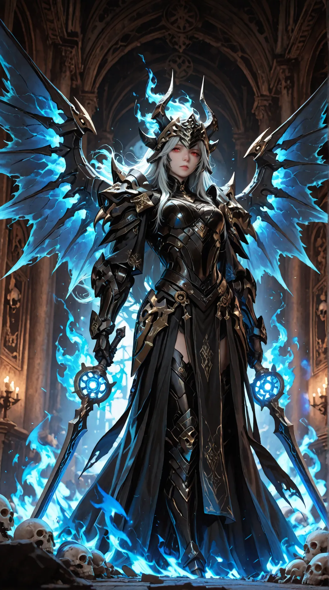 masterpiece, best quality, solo, 1 girl, realistic,high definition, two horns on the head,look at the audience, photo,8k,intricate,highly detailed,majestic, dark mecha wings with blue fire, red eyes with blue fire effect, wearing a skull masker + black val...