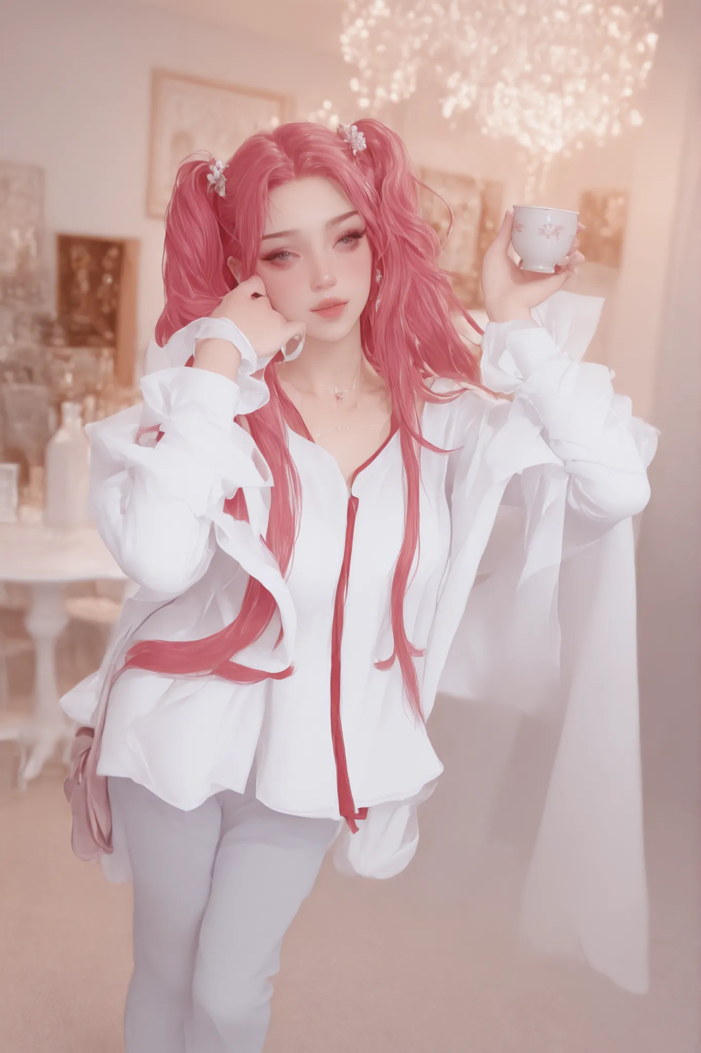 Change to a full-body photo of a woman,G cup, are perfectly detailed,has exquisite facial features, Clothes are exquisite , Game Character Design ,3D Rendering