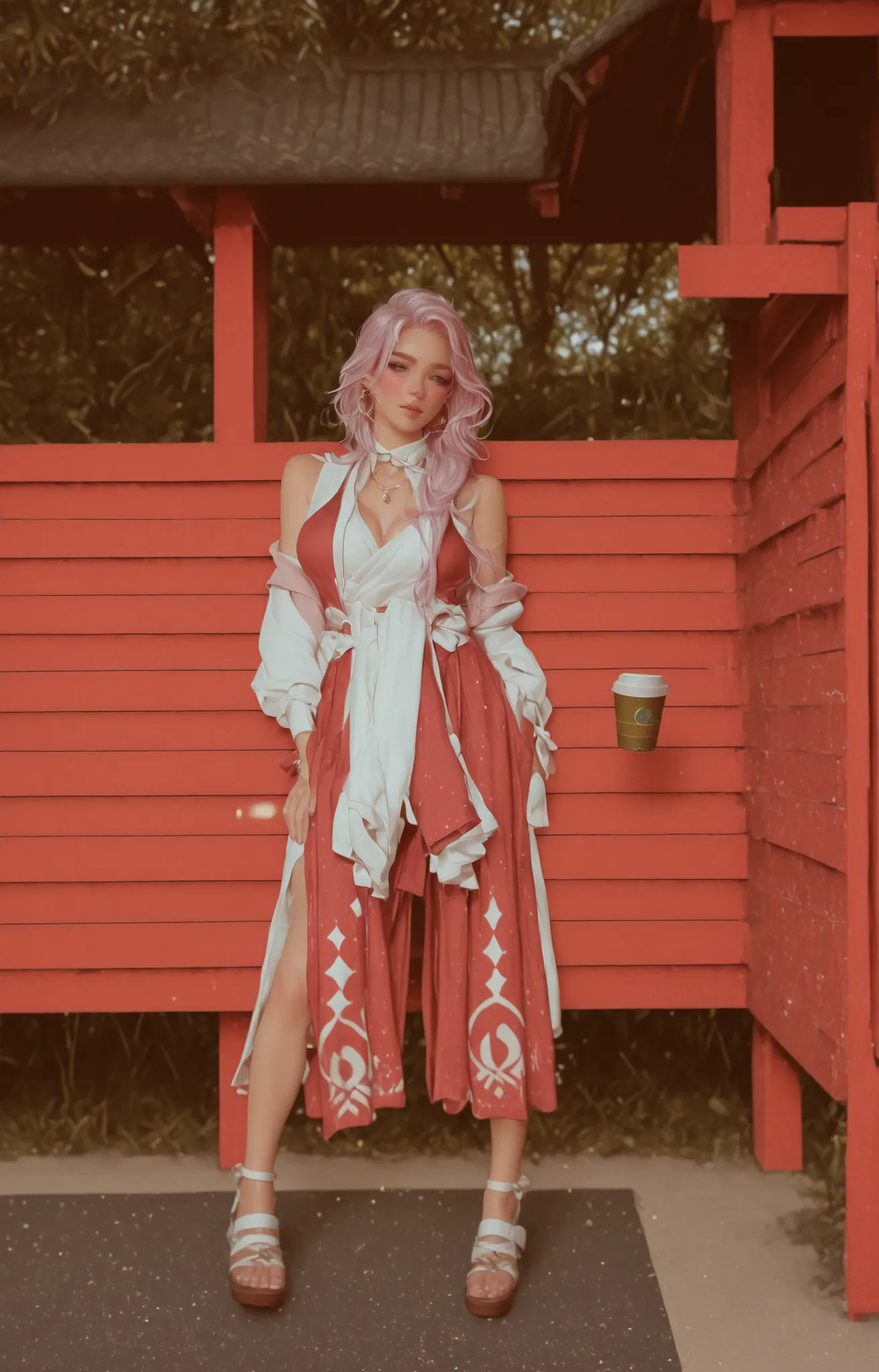Change to a full-body photo of a woman,G cup, are perfectly detailed,has exquisite facial features, Clothes are exquisite , Game Character Design ,3D Rendering