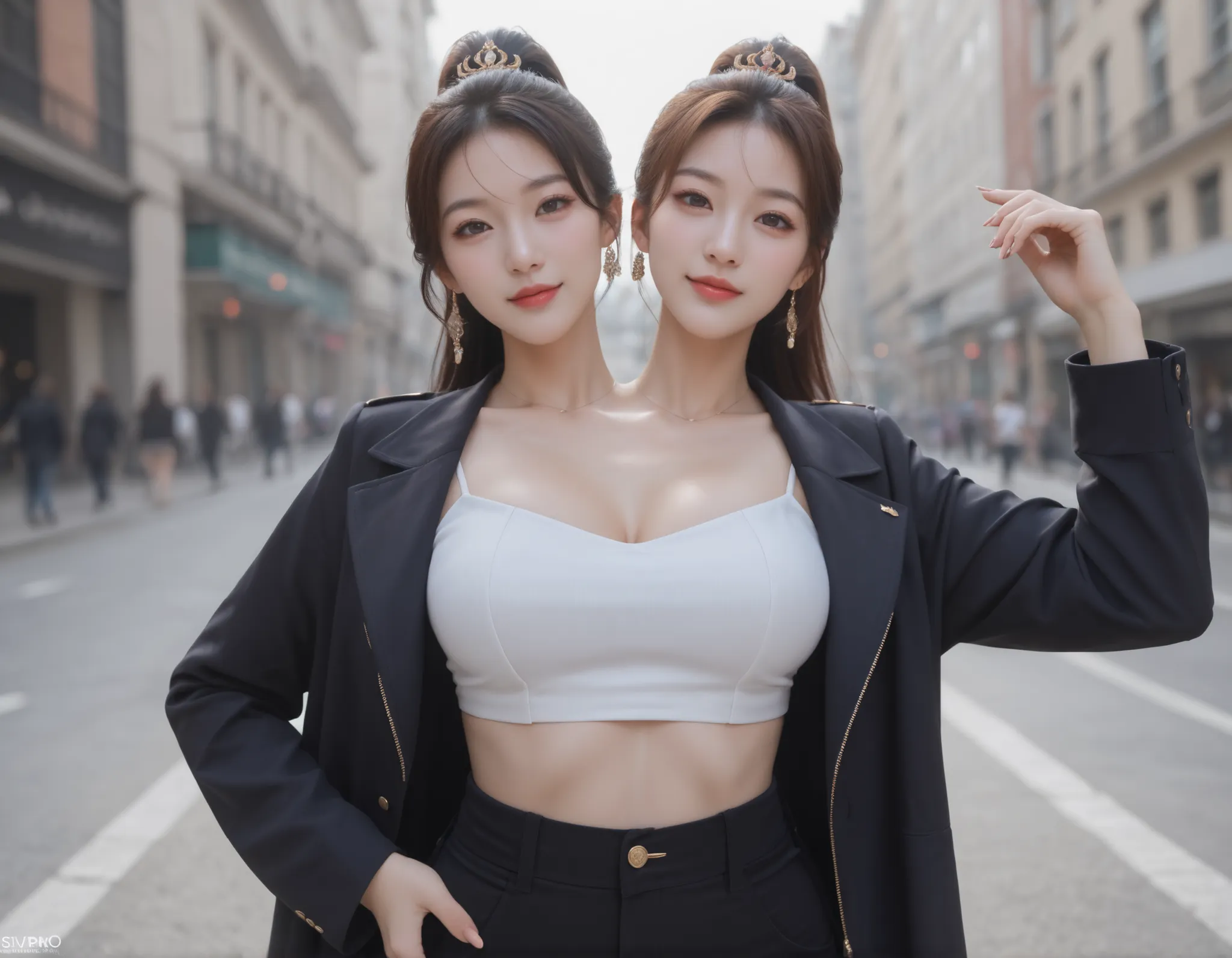 best resolution, conjoined, 2heads, woman with two heads, tall, big chest, different hairstyles, both women have opposite colour hair, pretty beautifully styled hair, hair ornaments, long hair with ponytail, no bangs, stylish jacket, midriff, blouse, high ...