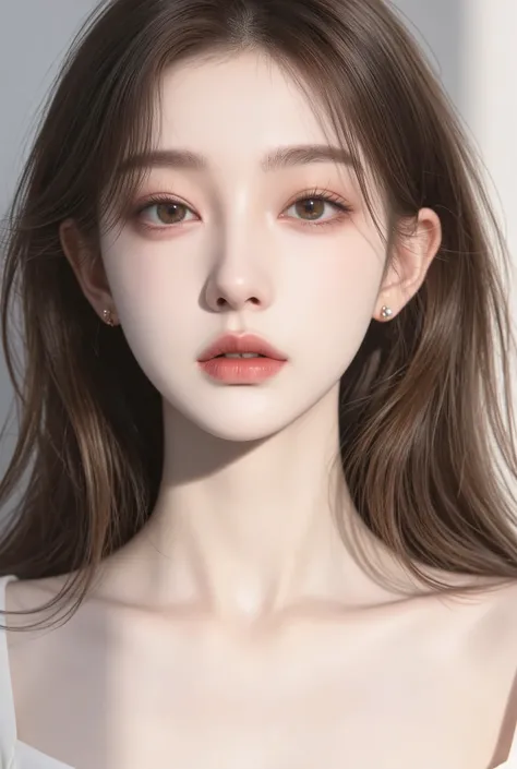 "A photorealistic close-up portrait of a graceful young Japanese-British woman with ultra-transparent, flawless porcelain skin that appears completely bare yet radiant — as if wearing nothing. Her complexion is luminous and smooth with a subtle glow, no vi...