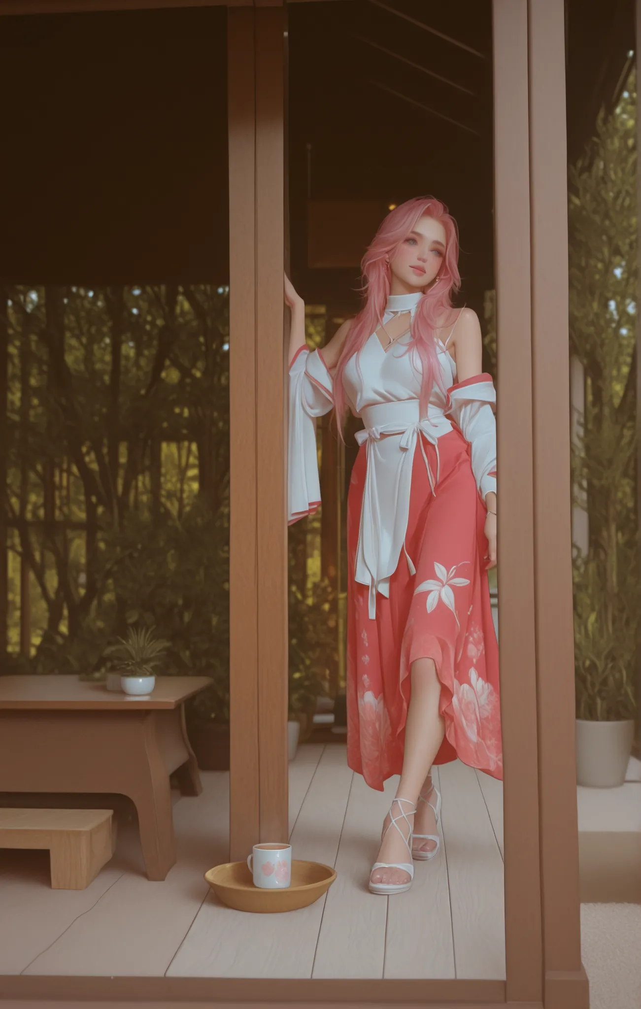 Change to a full-body photo of a woman,G cup, are perfectly detailed,has exquisite facial features, Clothes are exquisite , Game Character Design ,3D Rendering