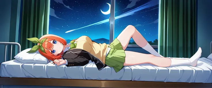 1girl,depression yotsuba, large breasts, orange hair, blue eyes, short hair, hair between eyes,green bow hairband, black blazer, open blazer, yellow sweater vest, white collared shirt, bowtie, plaid bowtie, green skirt, pleated Infirmary,bed,screen,lie dow...