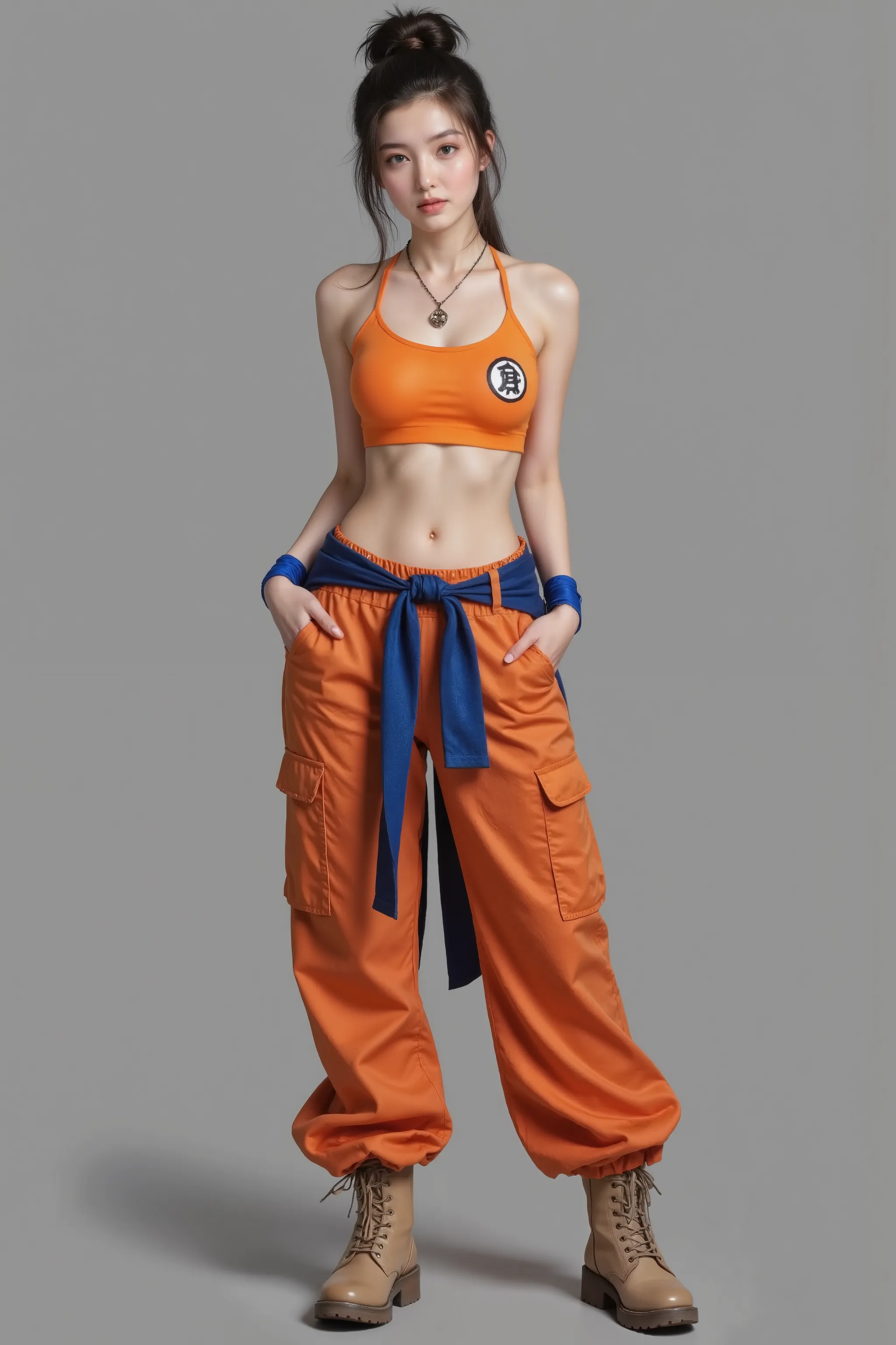 arafed woman in orange top and orange pants posing for a picture, female goku, character dragonball, goku in real life, saiyan girl, bulma from dragon ball, human goku, dragon ball style, photorealistic human goku, goku from dragon ball, inspired by Akira ...