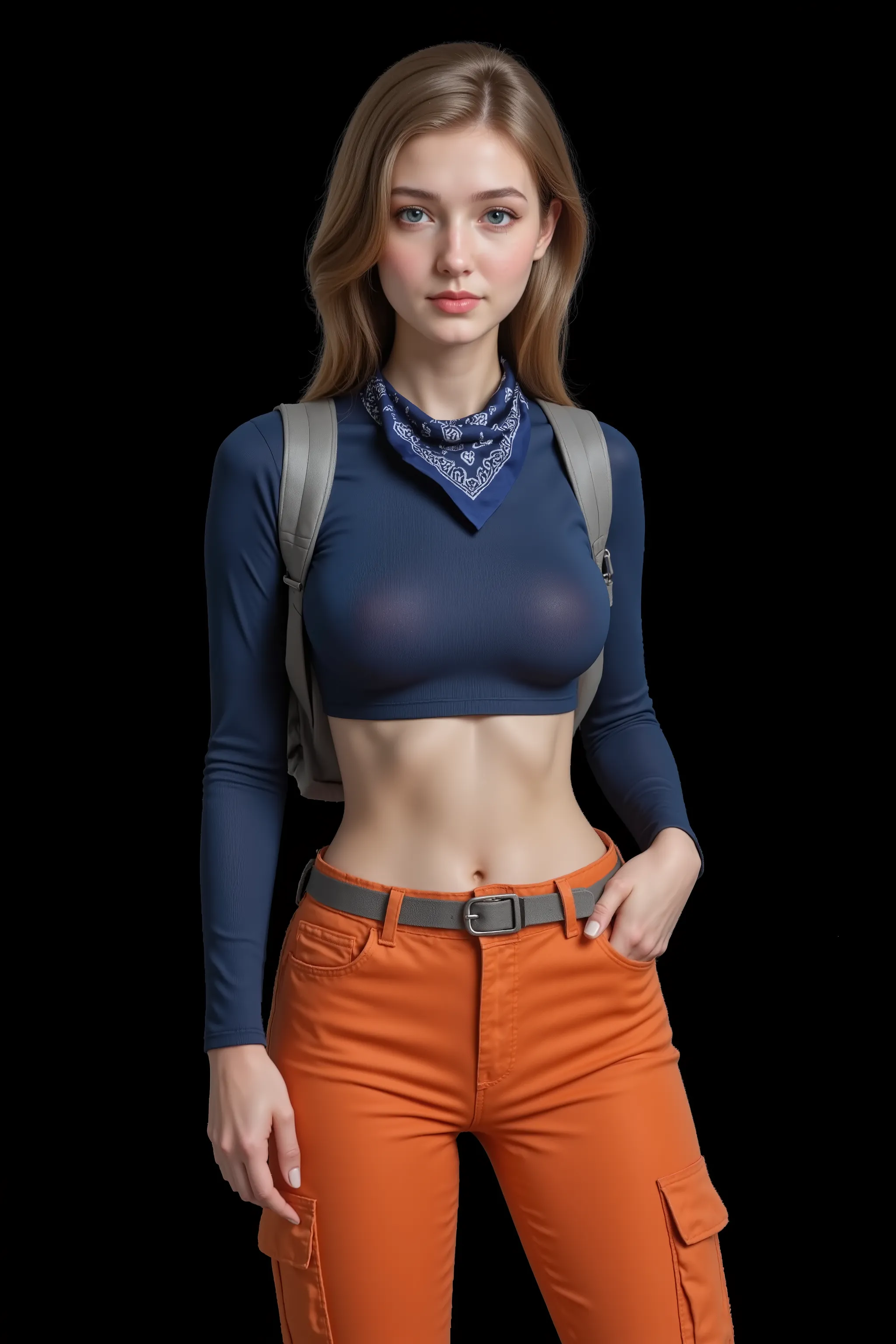 a close up of a woman in an orange pants and a blue top, photo of slim girl model, young beautiful amouranth, character is in her natural pose, better known as amouranth, 2 female model, hyper real render, small character. unreal engine 5, adventure hyper ...