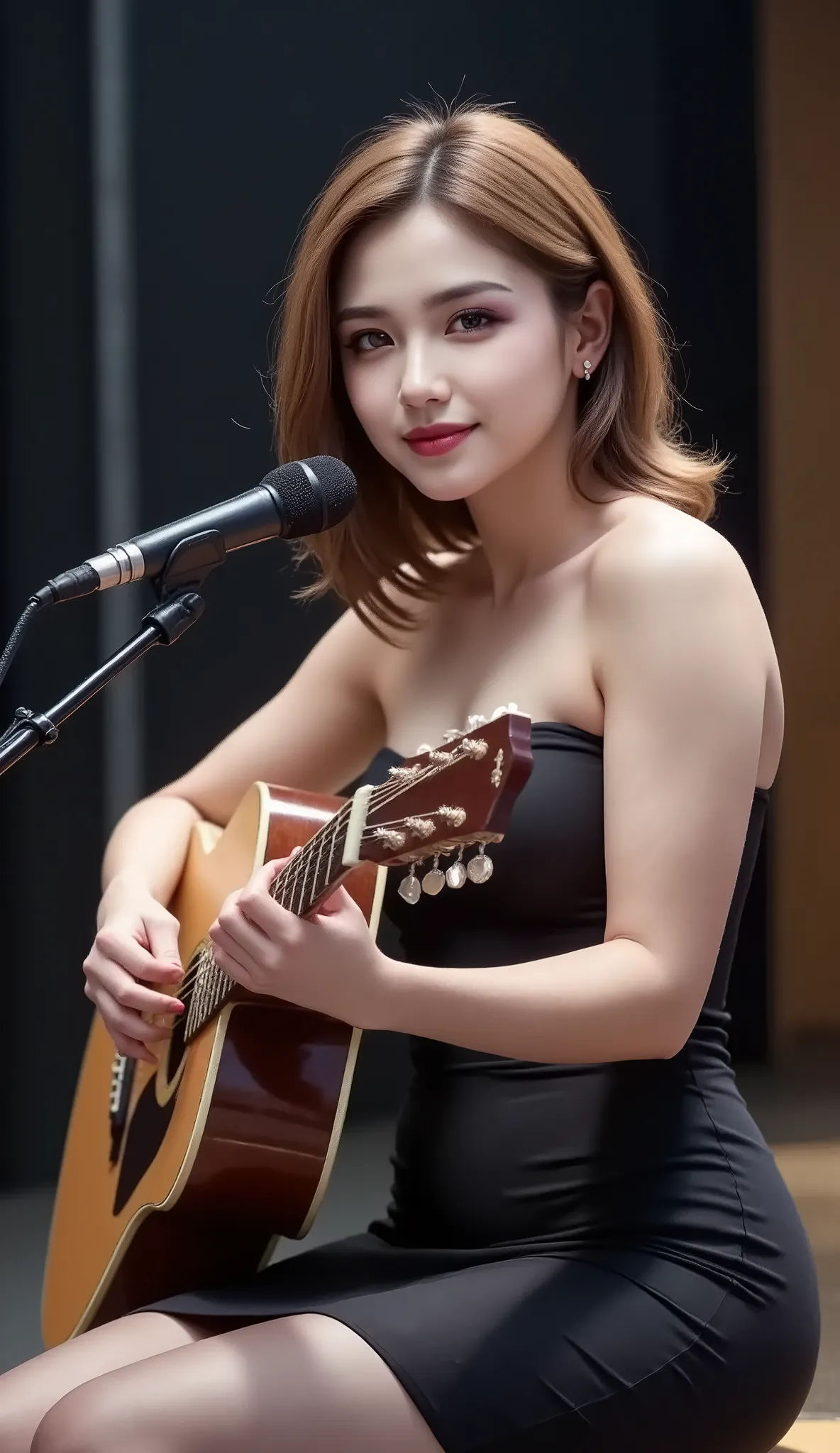 a hyper-realistic portrait of a BEAUTIFUL YOUNG WOMAN sitting on a stool under a spotlight on a dark stage, wearing a SEXY BLACK DRESS with sheer black thigh-high stockings, holding an ACOUSTIC GUITAR while singing into a vintage microphone, soft wavy BLON...