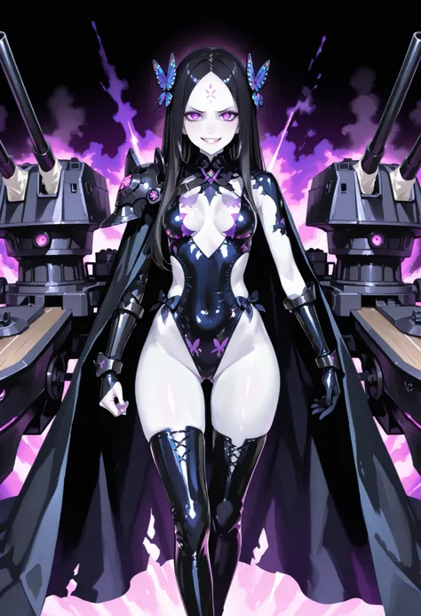 Dark magical girl. Black hair. Show forehead. Butterfly motif hair ornament. Long hair. Glowing purple eyes. Fearless smile. White skin. Thong swimsuit. Asymmetric shoulder armor. Oversized latex boots. Torn costume. Asymmetric Black cloak. Equipped with a...