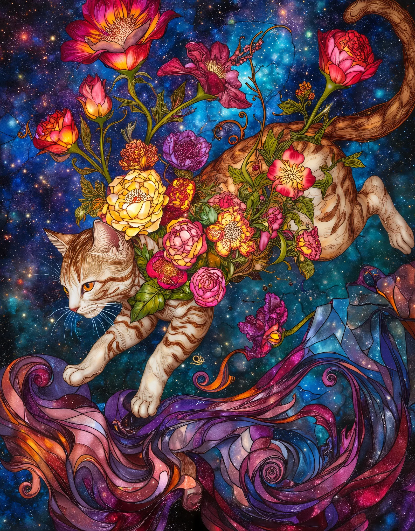 Cat Wearing Flowers and Running to Heaven、Three-haired cat、Hind Legs Blend into Space, by Virgil Finley , Inspired by Dan Hillier , starry sky, Disney and Dan Hillier , Mobius and Dan Hillier , inspired by Virgil Finley , starry skyの中, Complex Carb...