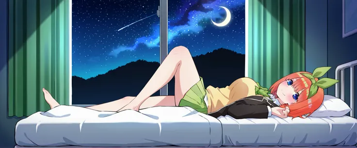  1girl,unwellness sickness nakano yotsuba, large breasts, orange hair, blue eyes, short hair, hair between eyes green bow hairband, black blazer, open blazer, yellow sweater vest, white collared shirt, bowtie, plaid bowtie, green skirt, pleated skirt,knee ...
