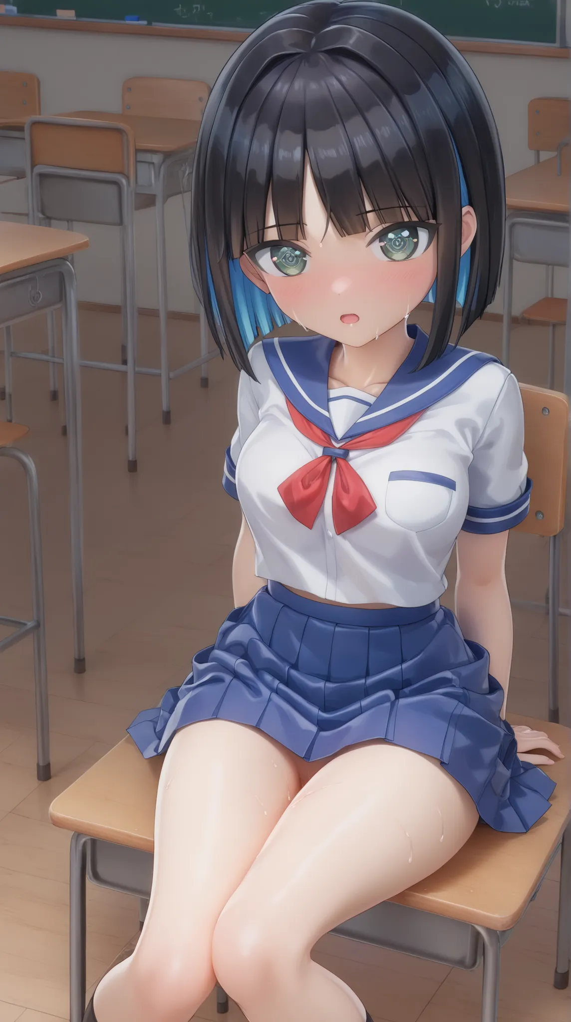 ((PVC:1.5))、masterpiece、Highest Quality、(Beautiful white school uniform with:1.8)、rough breathing、a lot of sweat、beautiful hair、detailed beautiful face、Beautiful Shadows、and open your mouth、(1 girl)、blushes、( Beautiful Fair Skin:1.lender waist 、cute face、b...