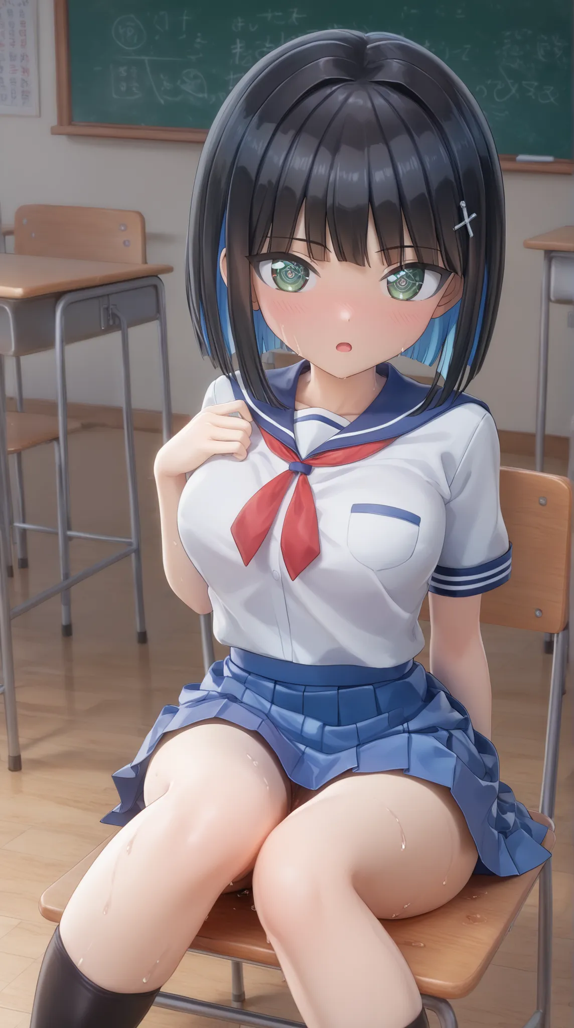 ((PVC:1.5))、masterpiece、Highest Quality、(Beautiful white school uniform with:1.8)、rough breathing、a lot of sweat、beautiful hair、detailed beautiful face、Beautiful Shadows、and open your mouth、(1 girl)、blushes、( Beautiful Fair Skin:1.lender waist 、cute face、b...