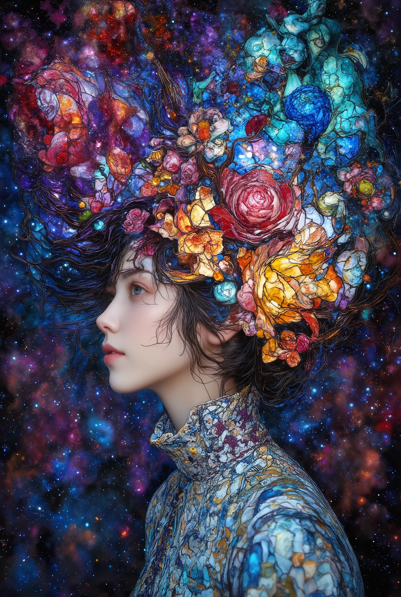 Ashida Aina、A girl with a very beautiful face、Unruly hair blends into space, by Virgil Finley , Inspired by Dan Hillier , starry sky, Disney and Dan Hillier , Mobius and Dan Hillier , inspired by Virgil Finley , starry skyの中, Complex Carbon Illustr...