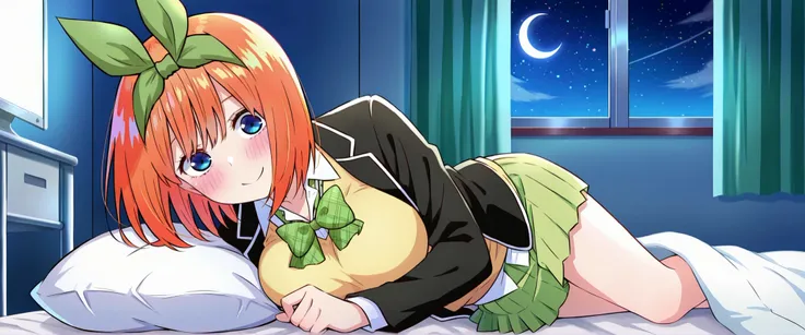  1girl,unwellness sickness nakano yotsuba, large breasts, orange hair, blue eyes, short hair, hair between eyes green bow hairband, black blazer, open blazer, yellow sweater vest, white collared shirt, bowtie, plaid bowtie, green skirt, pleated skirt,knee ...