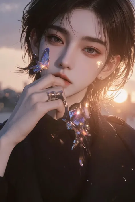 HOME” TATTO、Fireworks in the sunset in the background、Shineing tattoos, Shine, anime style, movieポートレート写真, Male 1 Person, (hair is black), gray eyes, (natural skin texture vivid details , surreal, (Realistic detailed eyes, natural skin texture, realis...