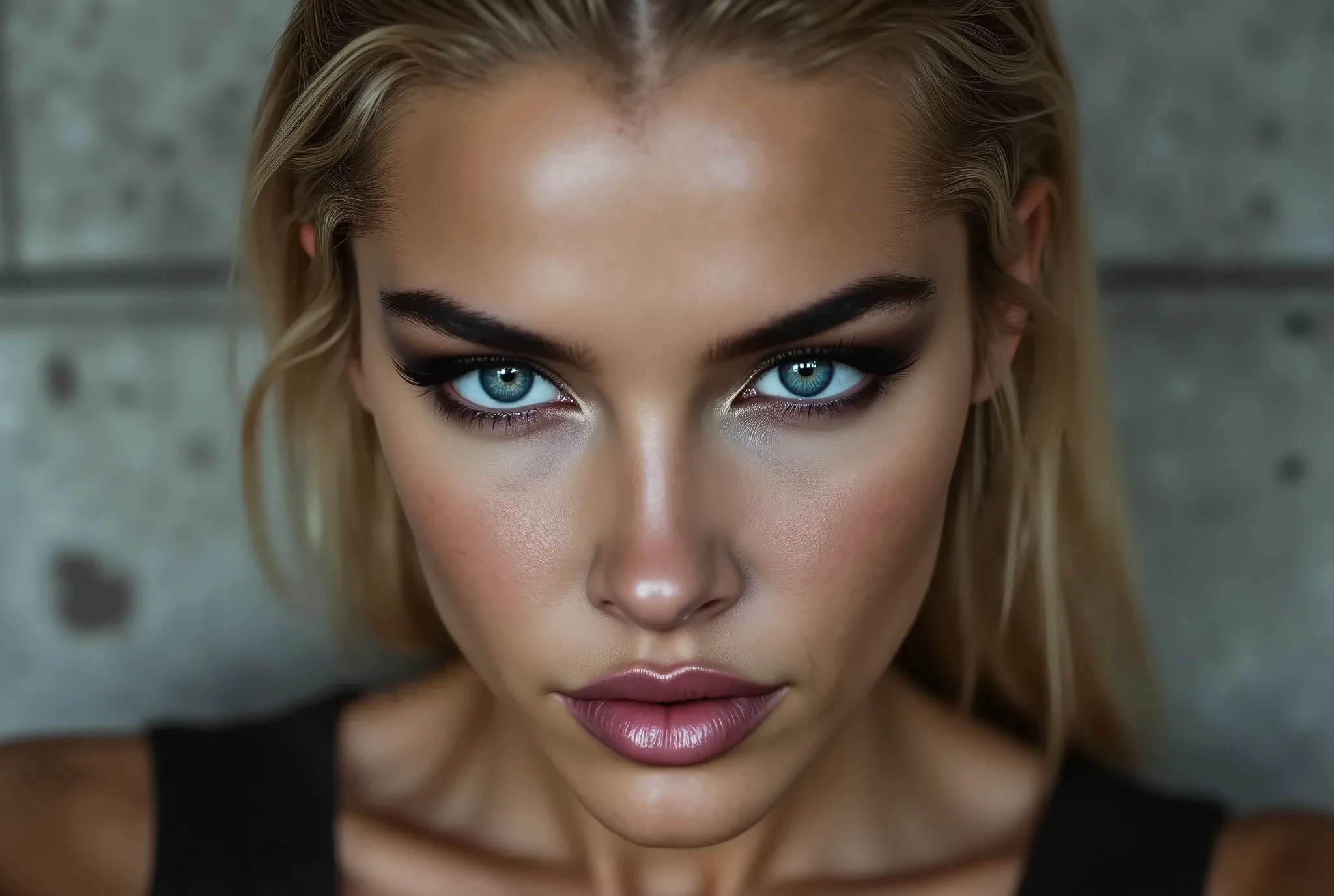close up image of woman looking directly and intensely into the camera, her head slightly tilted down, intimidating, piercing eyes, concrete background