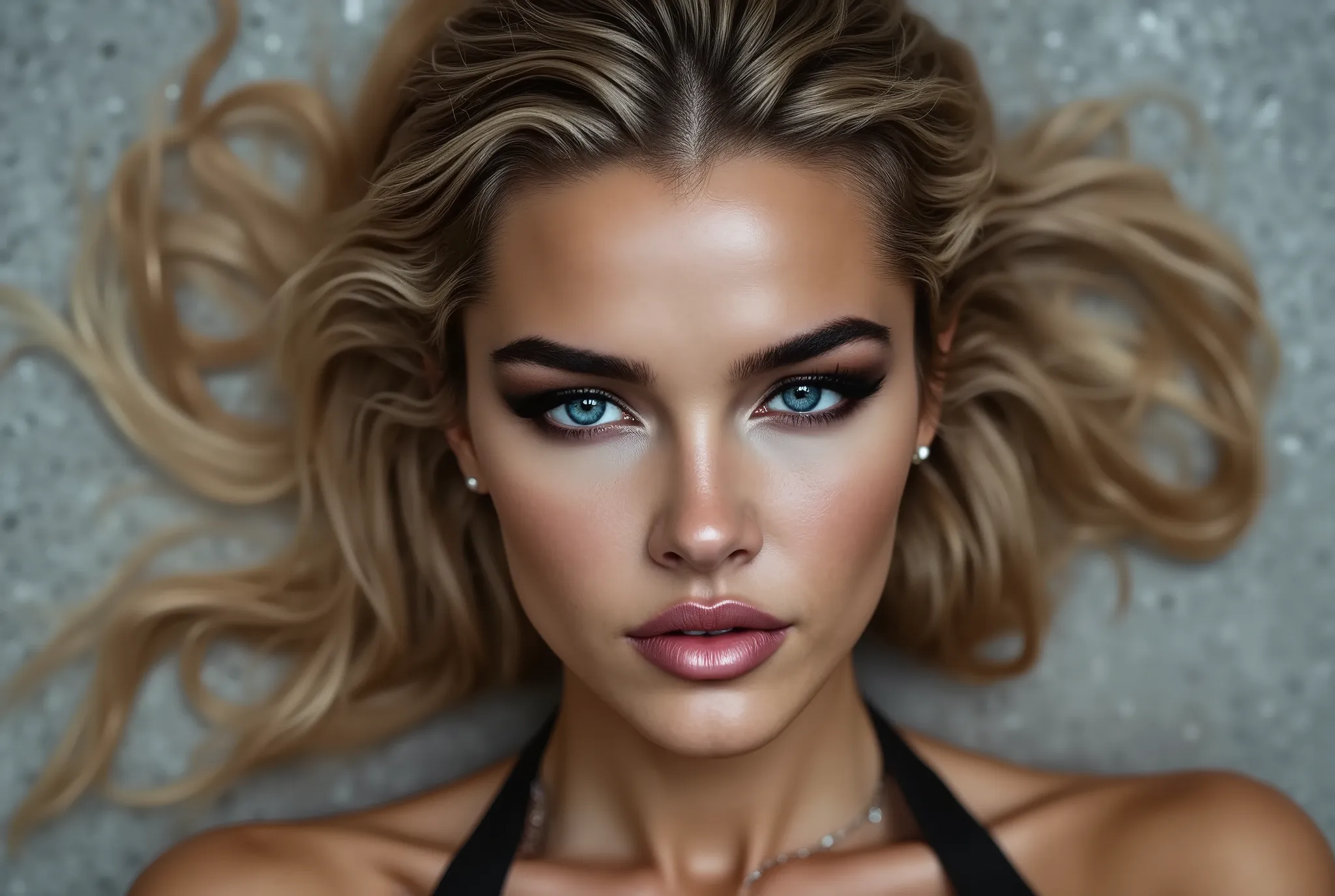 close up image of woman looking directly and intensely into the camera, her head slightly tilted down, intimidating, piercing eyes, concrete background