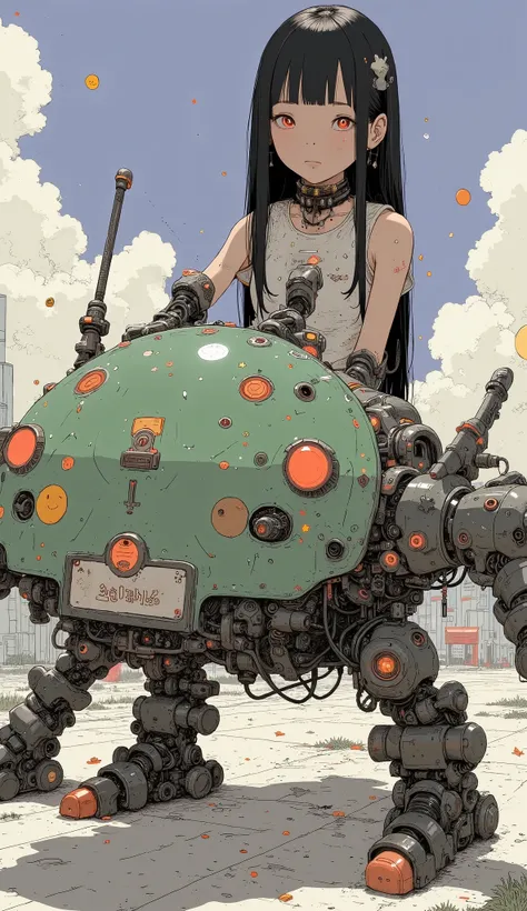 若い女性but創造的にデザインされた, I'm wearing a robotic vehicle similar to a mix of a car and a multi-legged robot. 乗り物は鮮やかな色but特徴です, suggest, green, orange. Sitting 。ヘッドライトやグリルなどの車のような要素butあります, but、The base is visible from decorative stickers such as stars and smiley ...